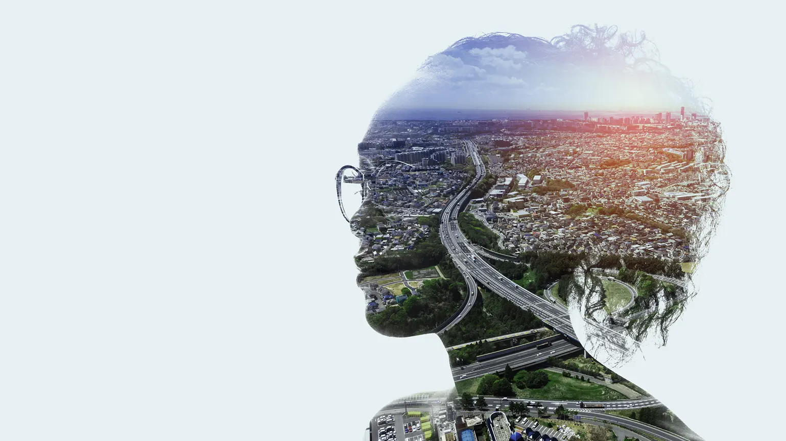 Human and society concept. modern cityscape and woman silhouette.